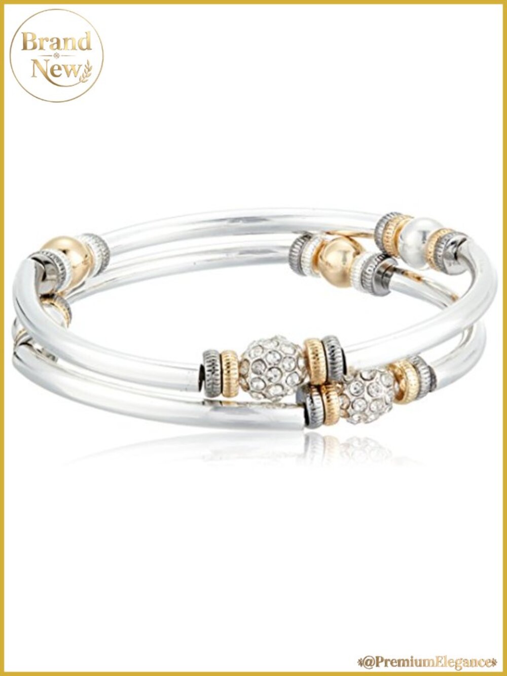 2 Pack Layered Bangle Bracelets Stretch Stackable Rhinestone Tri Tone